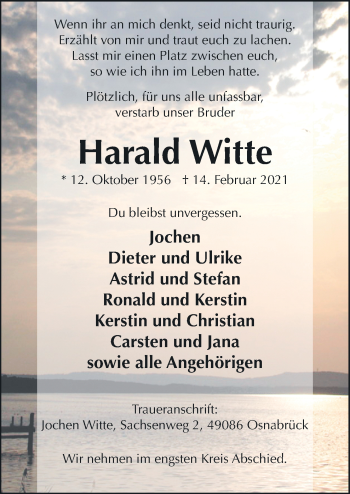 Traueranzeige von Harald Witte von Neue Osnabrücker Zeitung GmbH & Co. KG