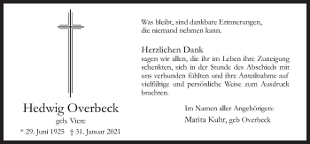 Traueranzeige von Hedwig Overbeck von Neue Osnabrücker Zeitung GmbH & Co. KG