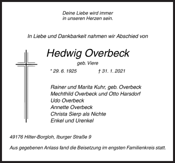 Traueranzeige von Hedwig Overbeck von Neue Osnabrücker Zeitung GmbH & Co. KG