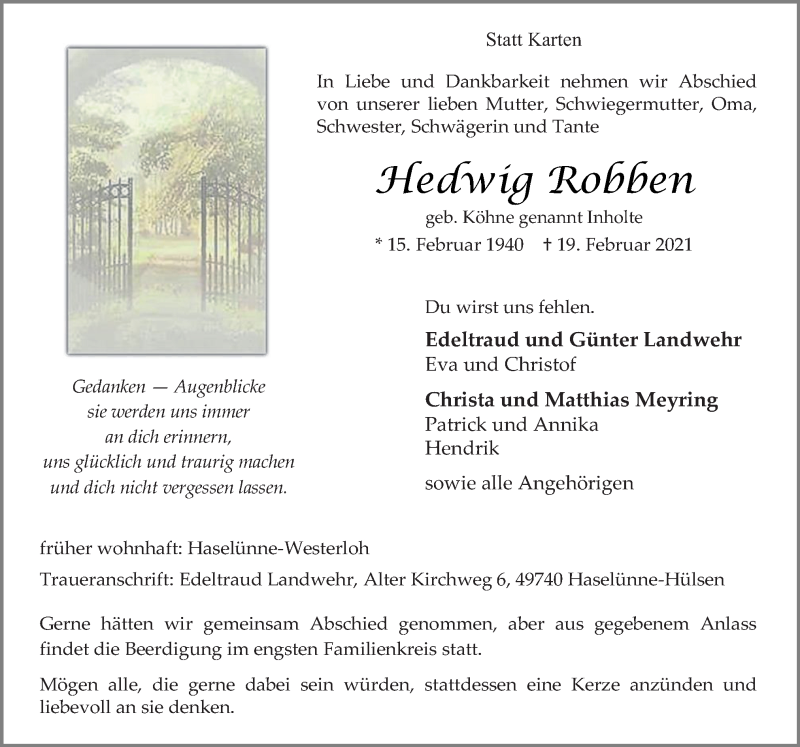  Traueranzeige für Hedwig Robben vom 22.02.2021 aus Neue Osnabrücker Zeitung GmbH & Co. KG