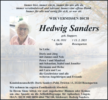 Traueranzeige von Hedwig Sanders von Neue Osnabrücker Zeitung GmbH & Co. KG