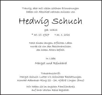Traueranzeige von Hedwig Schuch von Neue Osnabrücker Zeitung GmbH & Co. KG