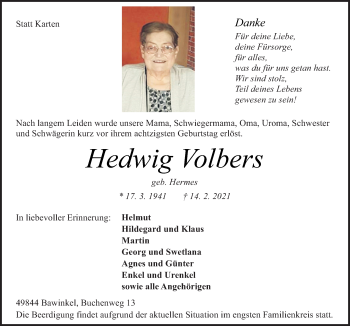 Traueranzeige von Hedwig Volbers von Neue Osnabrücker Zeitung GmbH & Co. KG