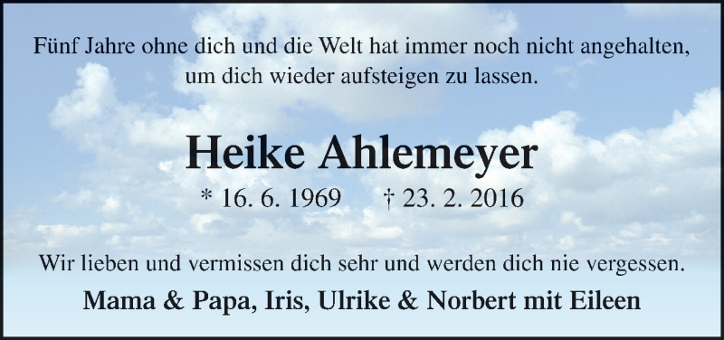  Traueranzeige für Heike Ahlemeyer vom 23.02.2021 aus Neue Osnabrücker Zeitung GmbH & Co. KG