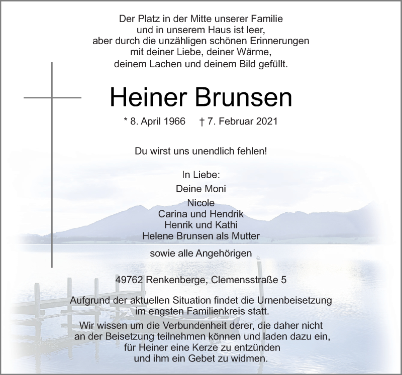  Traueranzeige für Heiner Brunsen vom 09.02.2021 aus Neue Osnabrücker Zeitung GmbH & Co. KG