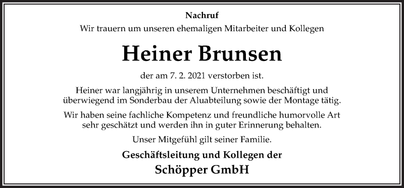  Traueranzeige für Heiner Brunsen vom 11.02.2021 aus Neue Osnabrücker Zeitung GmbH & Co. KG