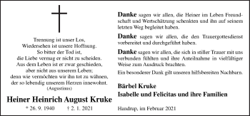 Traueranzeige von Heiner Heinrich August Kruke von Neue Osnabrücker Zeitung GmbH & Co. KG