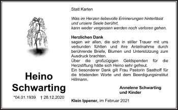 Traueranzeige von Heino Schwarting von Neue Osnabrücker Zeitung GmbH & Co. KG