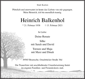 Traueranzeige von Heinrich Balkenhol von Neue Osnabrücker Zeitung GmbH & Co. KG