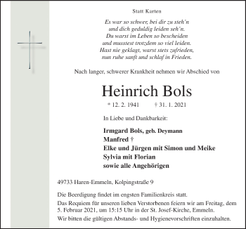 Traueranzeige von Heinrich Bols von Neue Osnabrücker Zeitung GmbH & Co. KG