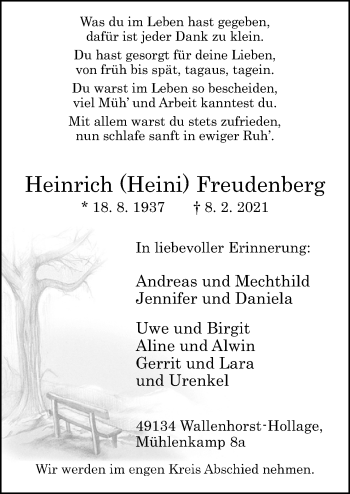 Traueranzeige von Heinrich  Freudenberg von Neue Osnabrücker Zeitung GmbH & Co. KG