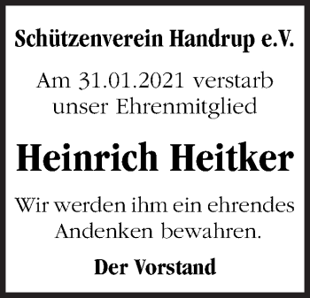 Traueranzeige von Heinrich Heitker von Neue Osnabrücker Zeitung GmbH & Co. KG