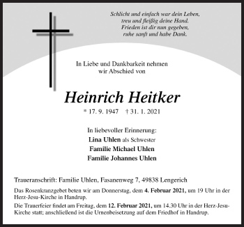 Traueranzeige von Heinrich Heitker von Neue Osnabrücker Zeitung GmbH & Co. KG
