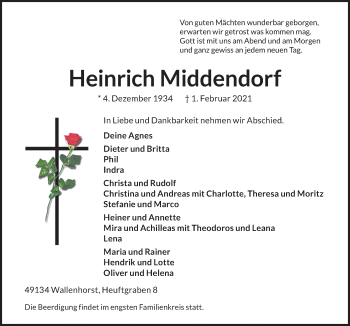 Traueranzeige von Heinrich Middendorf von Neue Osnabrücker Zeitung GmbH & Co. KG