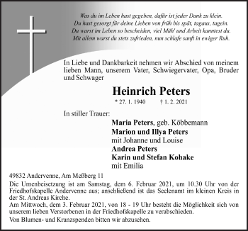 Traueranzeige von Heinrich Peters von Neue Osnabrücker Zeitung GmbH & Co. KG