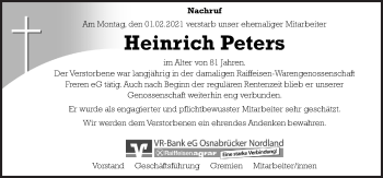 Traueranzeige von Heinrich Peters von Neue Osnabrücker Zeitung GmbH & Co. KG