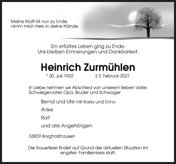 Traueranzeige von Heinrich Zurmühlen von Neue Osnabrücker Zeitung GmbH & Co. KG
