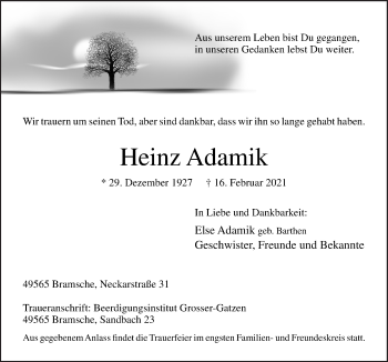 Traueranzeige von Heinz Adamik von Neue Osnabrücker Zeitung GmbH & Co. KG