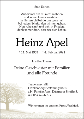 Traueranzeige von Heinz Apel von Neue Osnabrücker Zeitung GmbH & Co. KG