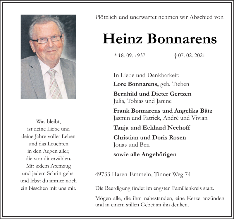  Traueranzeige für Heinz Bonnarens vom 09.02.2021 aus Neue Osnabrücker Zeitung GmbH & Co. KG