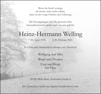Traueranzeige von Heinz-Hermann Welling von Neue Osnabrücker Zeitung GmbH & Co. KG