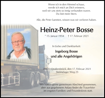 Traueranzeige von Heinz-Peter Bosse von Neue Osnabrücker Zeitung GmbH & Co. KG