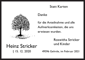 Traueranzeige von Heinz Stricker von Neue Osnabrücker Zeitung GmbH & Co. KG