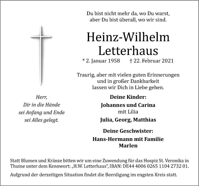  Traueranzeige für Heinz-Wilhelm Letterhaus vom 25.02.2021 aus Neue Osnabrücker Zeitung GmbH & Co. KG