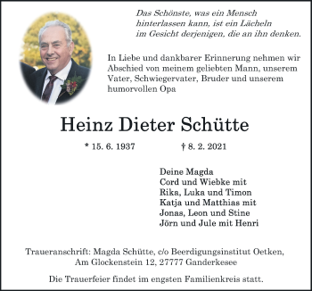 Traueranzeige von Heinz Dieter Schütte von Neue Osnabrücker Zeitung GmbH & Co. KG
