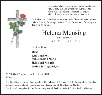 Traueranzeige von Helena Mensing von Neue Osnabrücker Zeitung GmbH & Co. KG