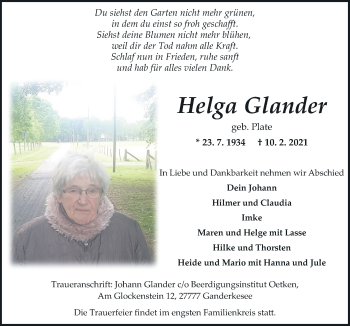Traueranzeige von Helga Glander von Neue Osnabrücker Zeitung GmbH & Co. KG