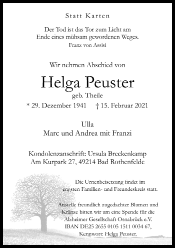 Traueranzeige von Helga Peuster von Neue Osnabrücker Zeitung GmbH & Co. KG