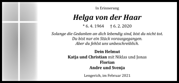 Traueranzeige von Helga von der Haar von Neue Osnabrücker Zeitung GmbH & Co. KG