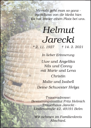 Traueranzeige von Helmut Jarecki von Neue Osnabrücker Zeitung GmbH & Co. KG