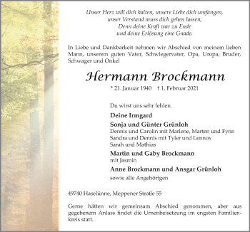 Traueranzeige von Hermann Brockmann von Neue Osnabrücker Zeitung GmbH & Co. KG