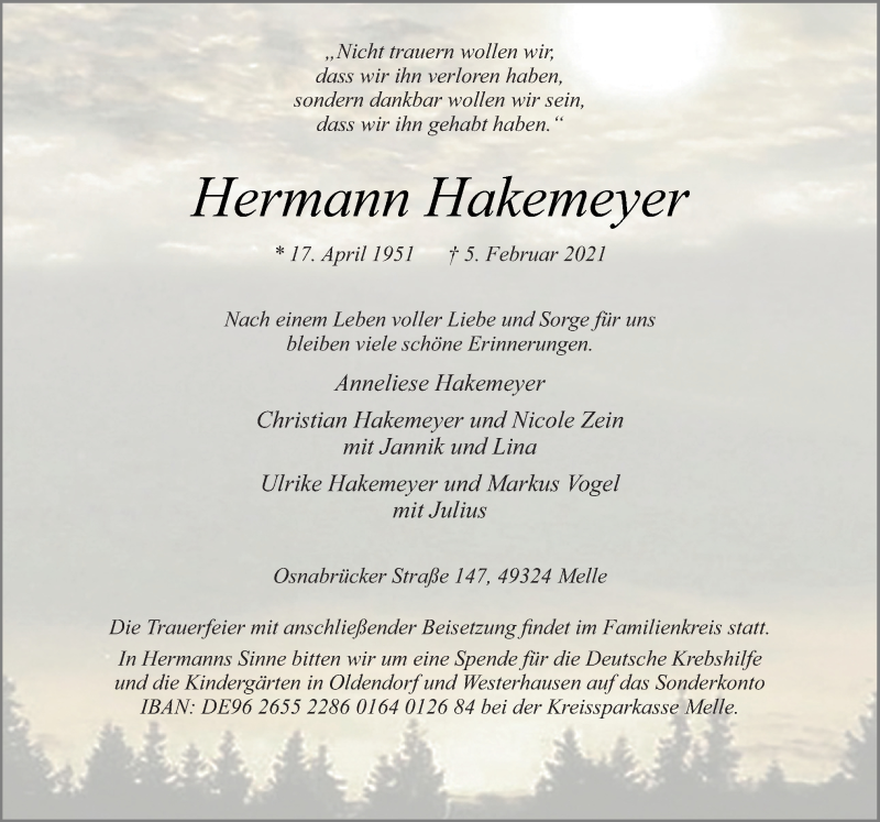  Traueranzeige für Hermann Hakemeyer vom 09.02.2021 aus Neue Osnabrücker Zeitung GmbH & Co. KG