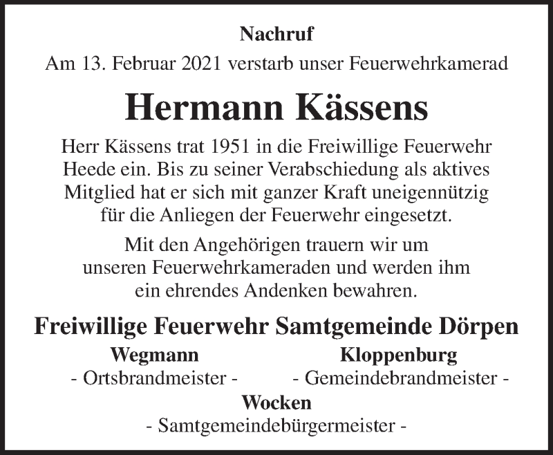  Traueranzeige für Hermann Kässens vom 17.02.2021 aus Neue Osnabrücker Zeitung GmbH & Co. KG