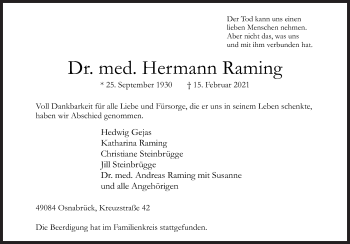 Traueranzeige von Hermann Raming von Neue Osnabrücker Zeitung GmbH & Co. KG