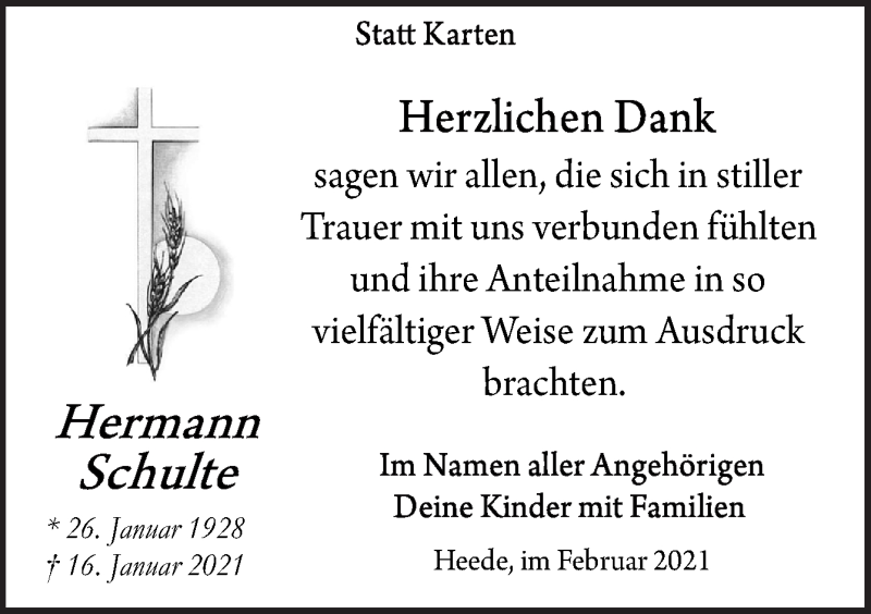  Traueranzeige für Hermann Schulte vom 25.02.2021 aus Neue Osnabrücker Zeitung GmbH & Co. KG