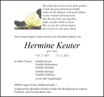 Traueranzeige von Hermine Keuter von Neue Osnabrücker Zeitung GmbH & Co. KG
