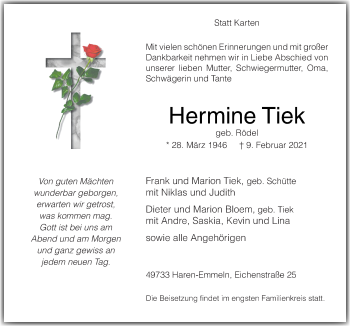 Traueranzeige von Hermine Tiek von Neue Osnabrücker Zeitung GmbH & Co. KG