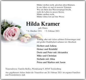 Traueranzeige von Hilda Kramer von Neue Osnabrücker Zeitung GmbH & Co. KG