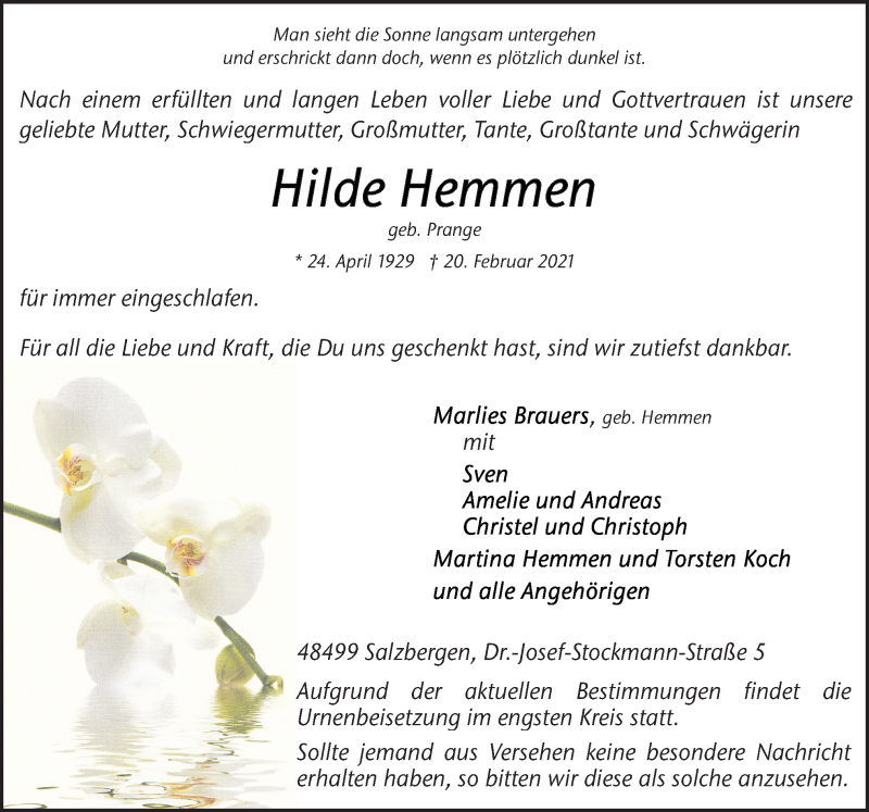  Traueranzeige für Hilde Hemmen vom 24.02.2021 aus Neue Osnabrücker Zeitung GmbH & Co. KG