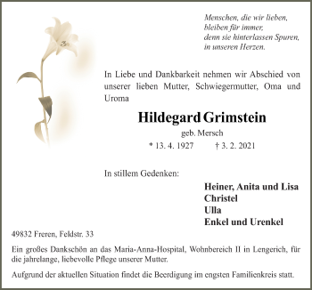 Traueranzeige von Hildegard Grimstein von Neue Osnabrücker Zeitung GmbH & Co. KG