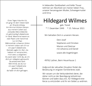 Traueranzeige von Hildegard Wilmes von Neue Osnabrücker Zeitung GmbH & Co. KG