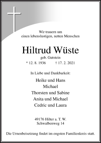 Traueranzeige von Hiltrud Wüste von Neue Osnabrücker Zeitung GmbH & Co. KG
