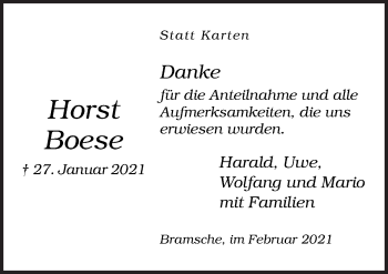 Traueranzeige von Horst Boese von Neue Osnabrücker Zeitung GmbH & Co. KG