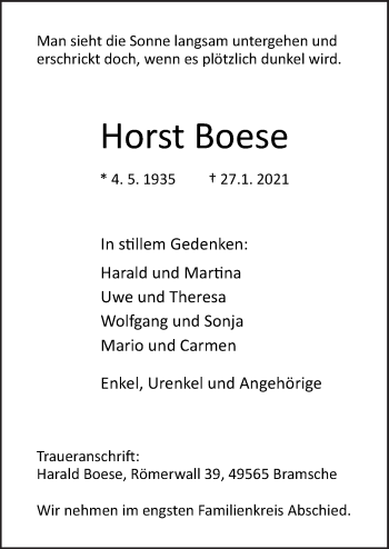 Traueranzeige von Horst Boese von Neue Osnabrücker Zeitung GmbH & Co. KG