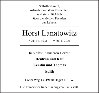 Traueranzeige von Horst Lanatowitz von Neue Osnabrücker Zeitung GmbH & Co. KG