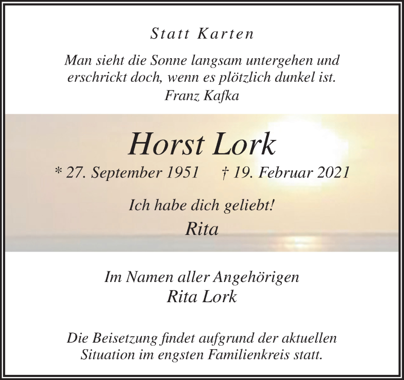  Traueranzeige für Horst Lork vom 27.02.2021 aus Neue Osnabrücker Zeitung GmbH & Co. KG